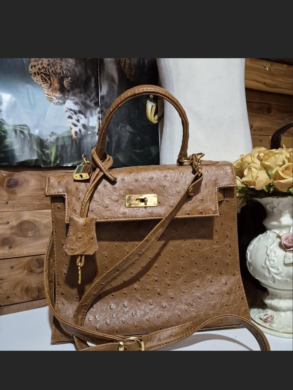 Vintage Tan Ostrich-Textured Shoulder Bag with Gold Hardware